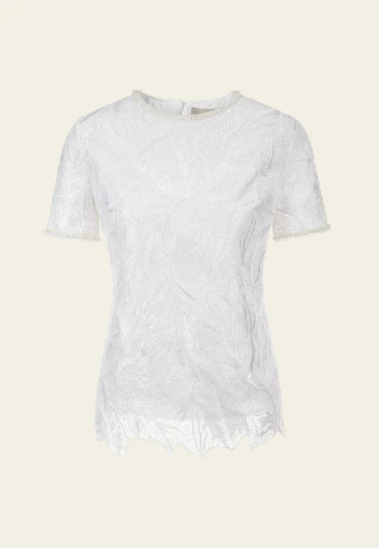 Discounted Prices, Elevated Looks Die-cut Hem Embroidered Mesh Pearl-detail Top