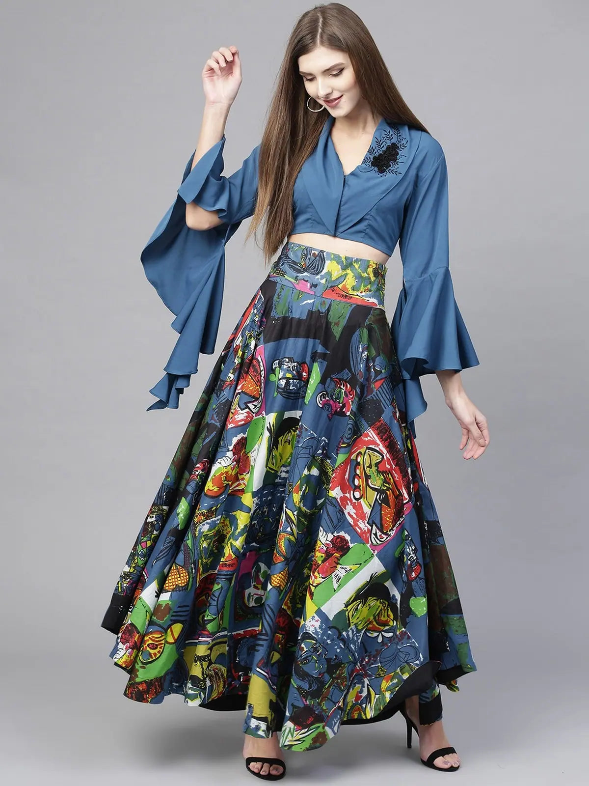Massive Savings On New Arrivals Embroidered Crop Top With Picasso Printed Skirt-PKC10056-XS