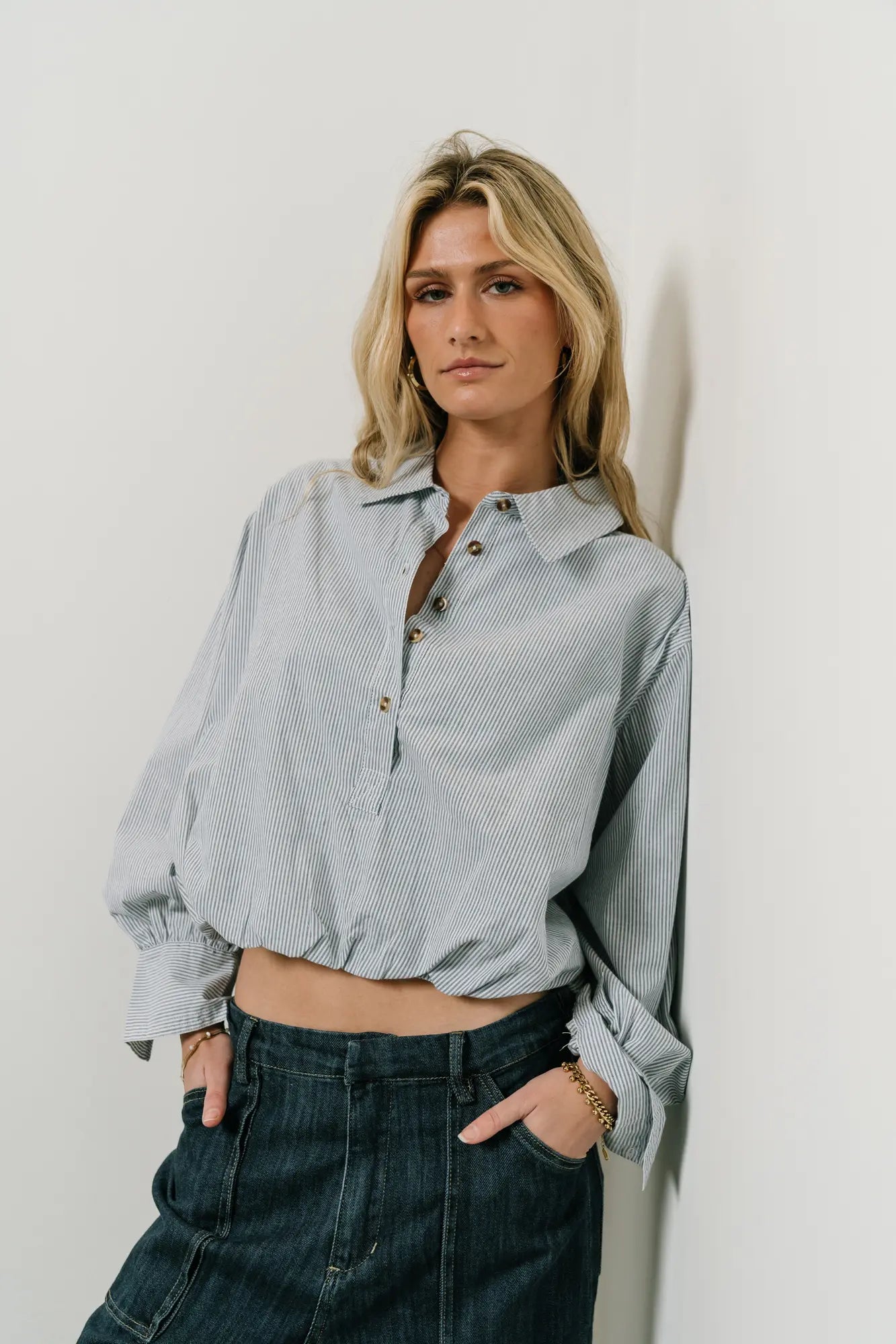 Huge Discounts This Week Rayna Striped Collared Top in Blue - FINAL SALE