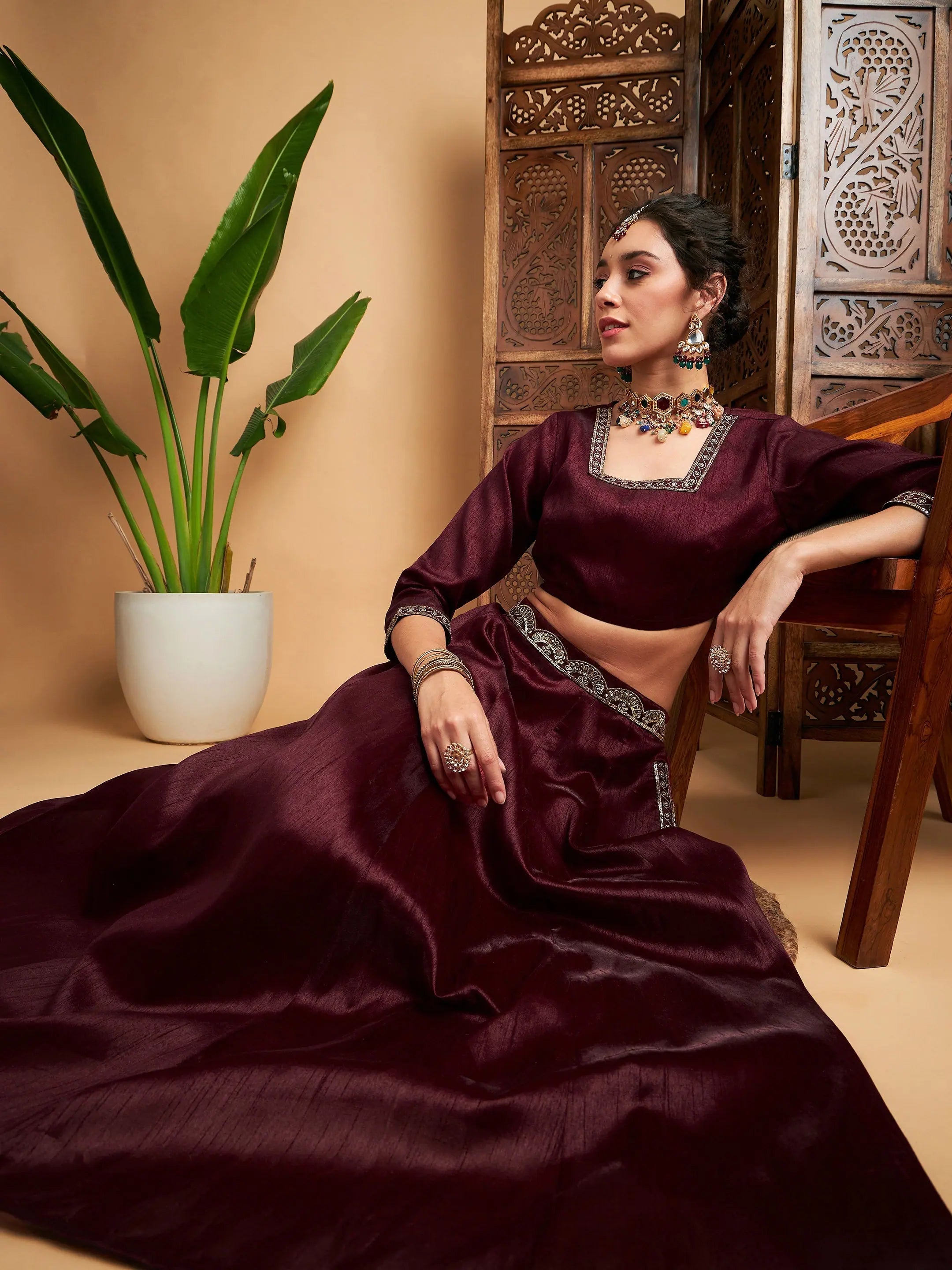 Evening Elegance Women Maroon Embroidered Anarkali Skirt With Crop Top