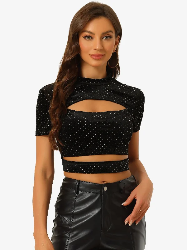Upgrade Your Wardrobe For Less Cut Out Top Glitter Sparkle Velvet Short Sleeve Fitted Crop Tops