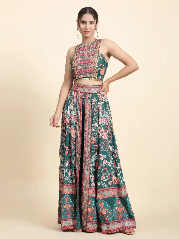 Gift Ideas GREEN PRINTED TRENDY SKIRT PALLAZO AND CROP TOP - RENT