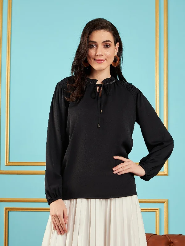 Special Holiday Sale – Limited Stock Women Black Puff Sleeves Embellished Top
