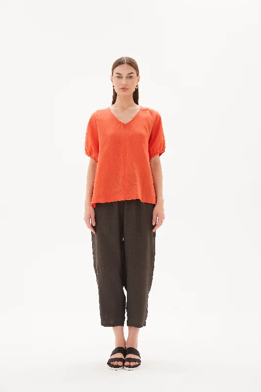 Hurry! Special Deals Ending Soon Tirelli V Neck Bishop Sleeve Top Aperol Orange