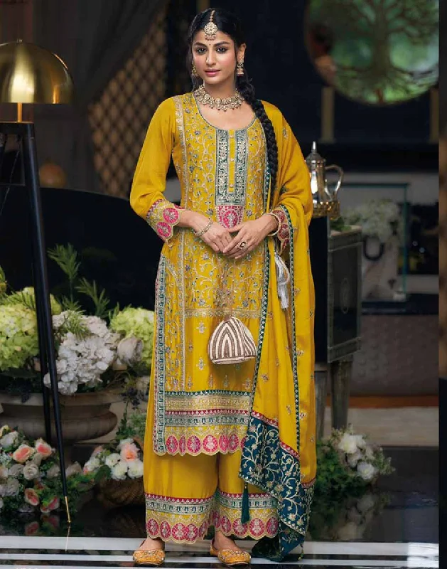 Huge Discounts This Week Yellow Embroidered & Sequins Round Neck Straight Top Palazzo and Dupatta Set Huge Discounts This Week Yellow Embroidered & Sequins Round Neck Straight Top Palazzo and Dupatta Set
