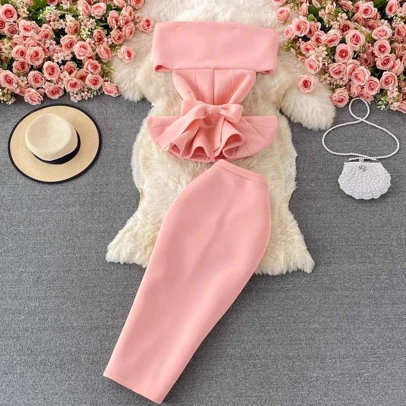 Stupidly Low Prices off-shoulder ruffled cropped top two-piece suit mid-length skirt     S3919