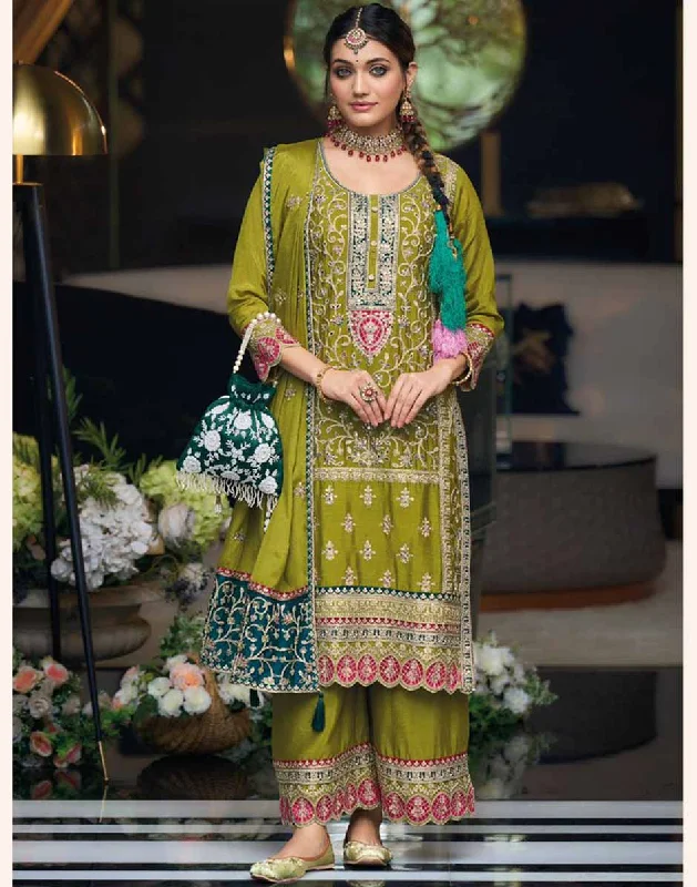Insane Discount Onslaught Olive Embroidered & Sequins Round Neck Straight Top Palazzo and Dupatta Set Insane Discount Onslaught Olive Embroidered & Sequins Round Neck Straight Top Palazzo and Dupatta Set
