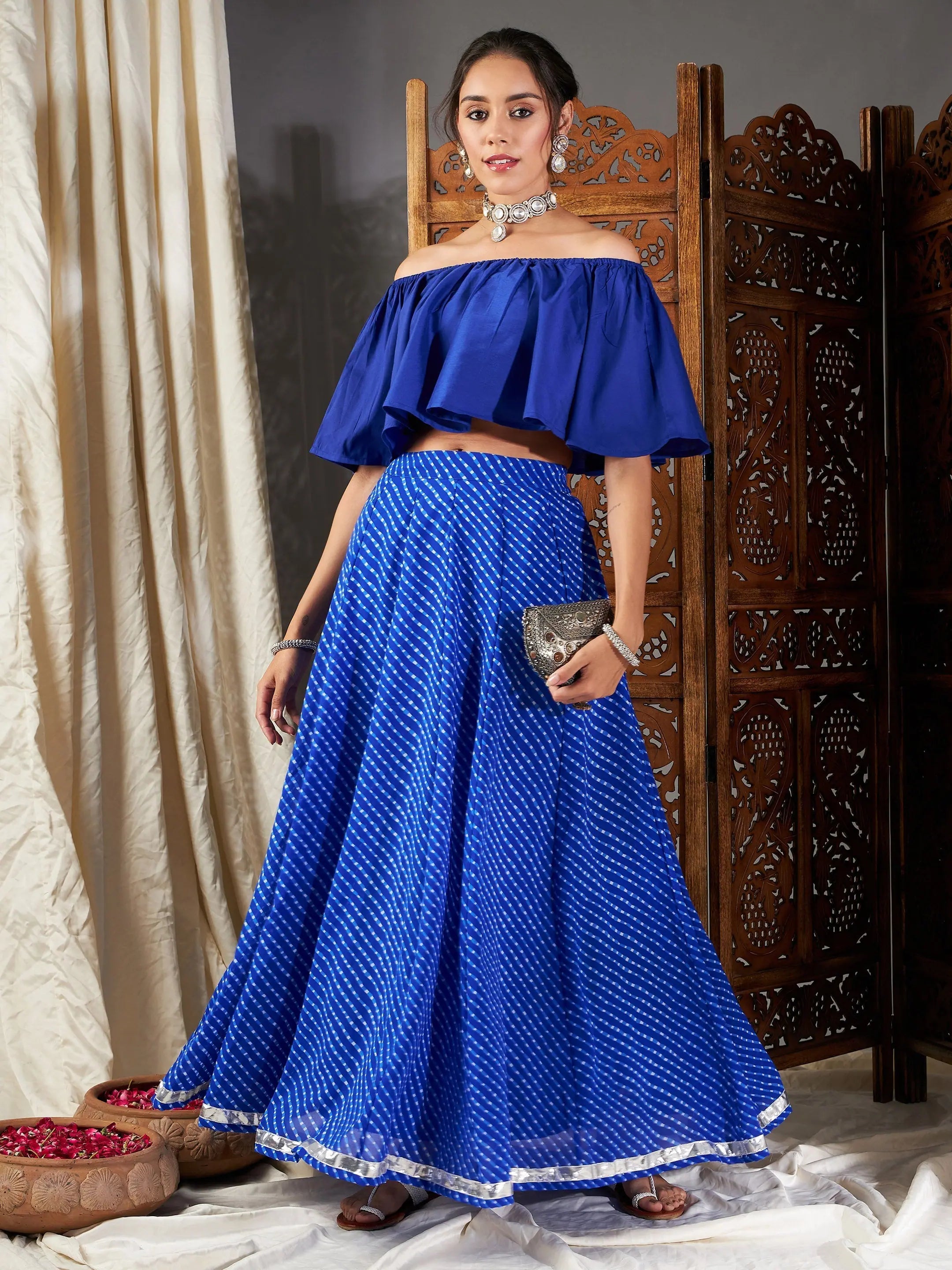 Limited Stock Women Blue Lehariya Off Shoulder Crop Top With Anarkali Skirt