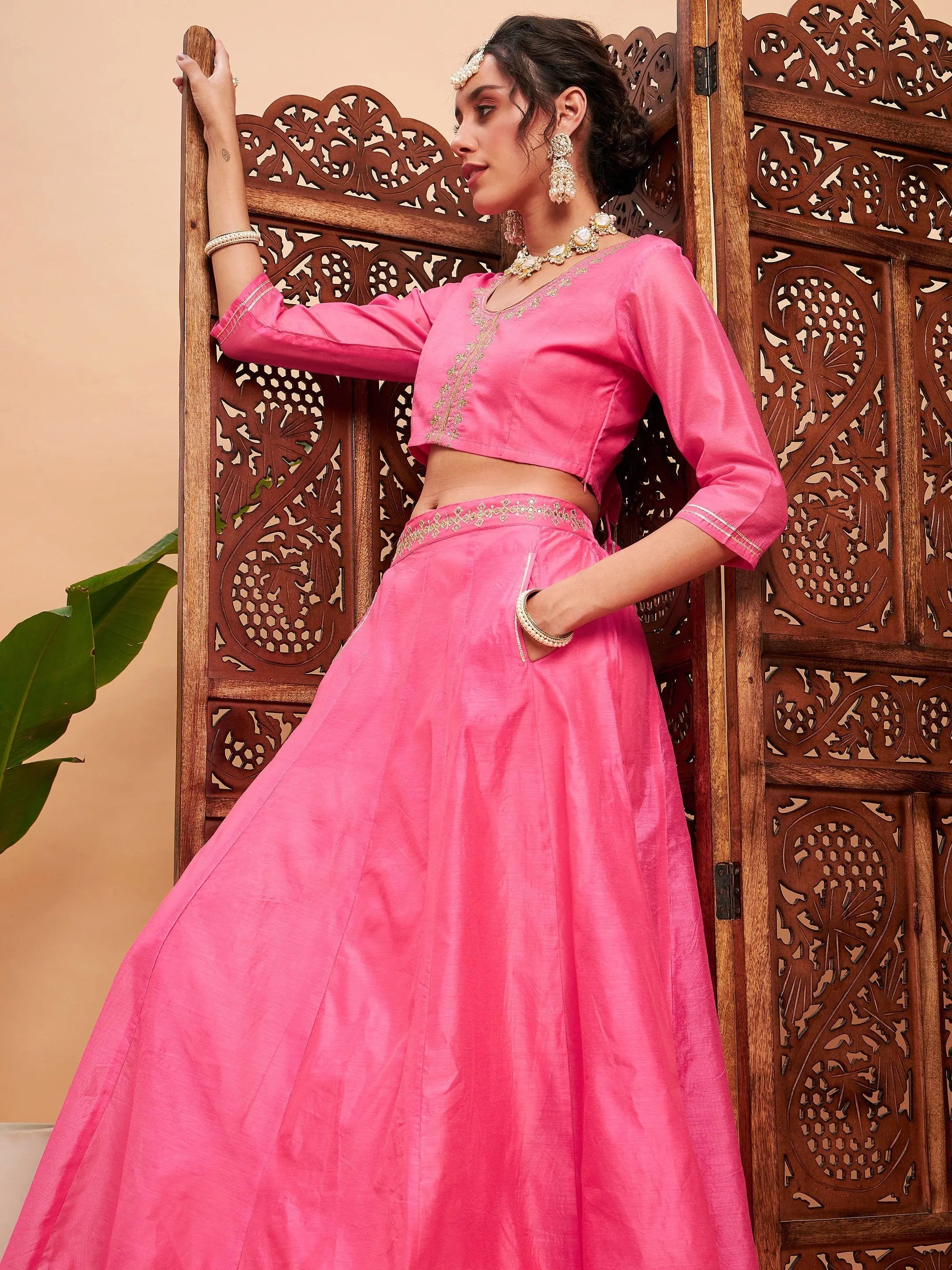 Premium Style Offers Women Pink Embroidered Anarkali Skirt With Crop Top