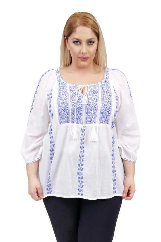 Bold Fashion Sales La Cera Plus Size 3/4 Sleeve Stripe Embroidered Peasant Top