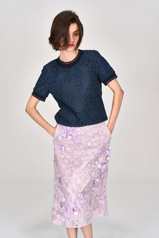 High-End Style Discounts Blue Lace Crew Neck Top