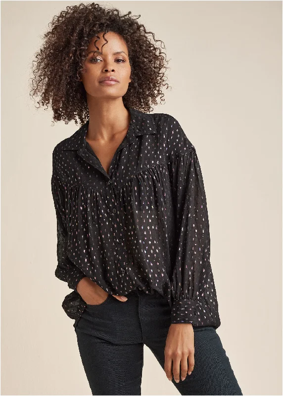 Relaxed Style Deals Metallic Button Front Top - Black Multi