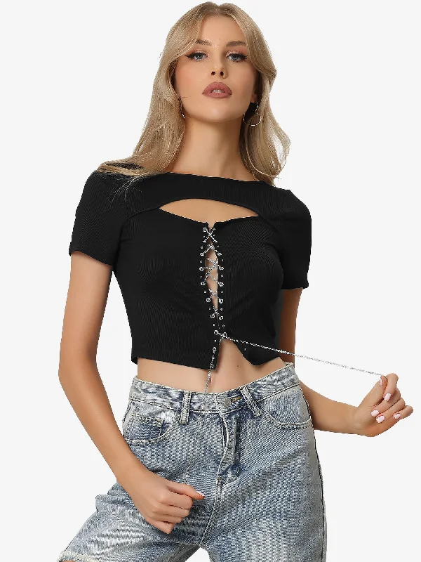 Ends Soon Lace Up Front Cut Out Rib-knit Contrast Stitch Cropped Top