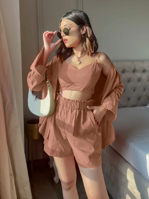 Ends Soon Cotton Three Piece Shorts, Shirt  and Crop Top Set