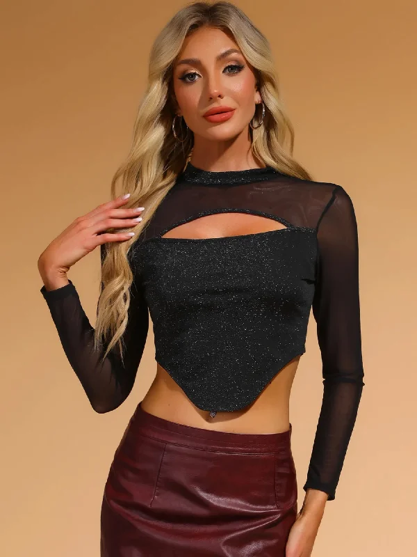 Trend Alert Glitter Mock Neck Keyhole Mesh Clubewear Sparkly Cropped Top