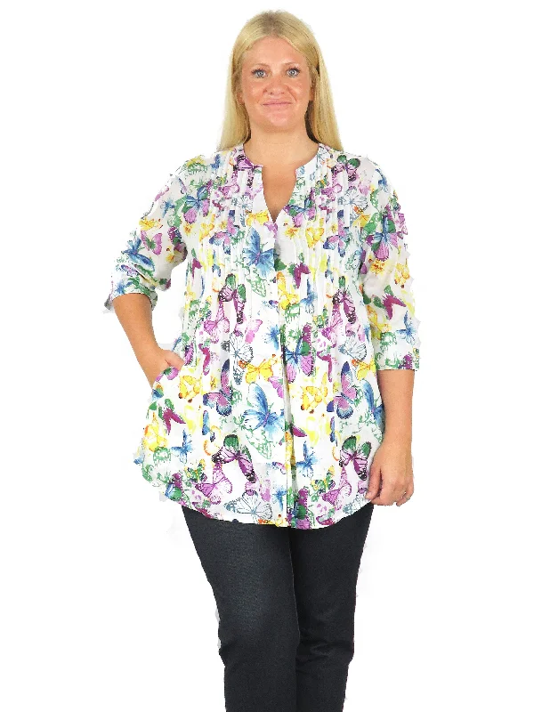 Limited Styles Pleat Front Butterfly Printed Cotton Top - Plus Size