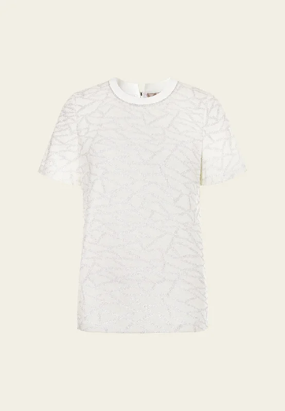 Edgy Fashion Deals White Metallic Knit Short Sleeves Top