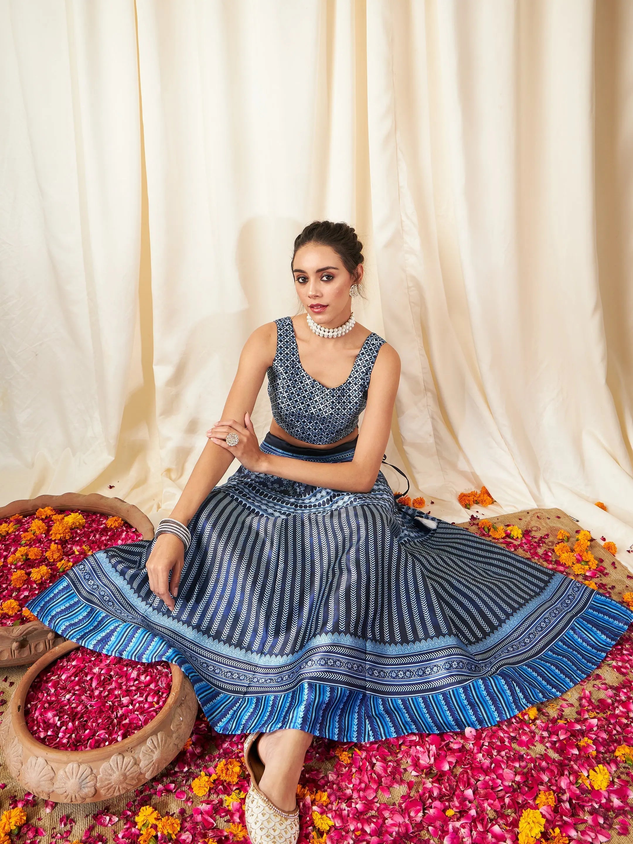 Get The Latest Trends Women Navy Chevron Anarkali Skirt With Crop Top