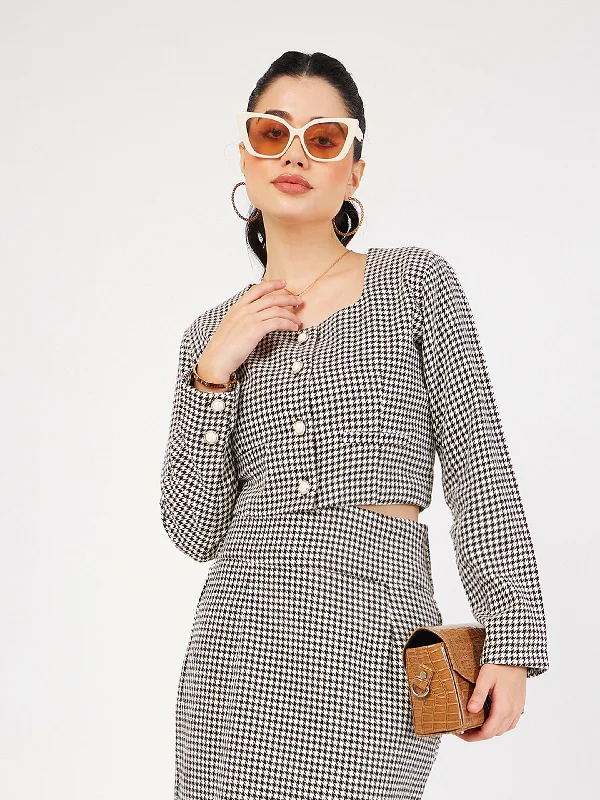 Weekend Price Drop – Shop Before It'S Gone Women Black Houndstooth Tweed Square Neck Top