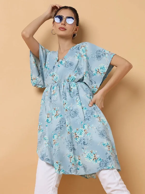 Spring Offer Women's Blue Tropical Fit and Flare Top-AE-15772-Blue