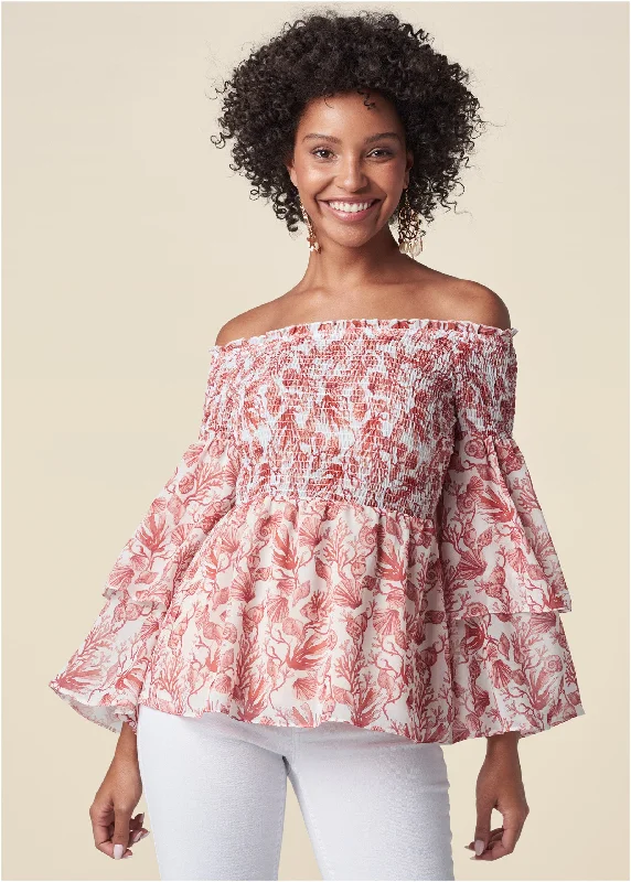 Flash Sale Coral Reef Smocked Top - White & Coral