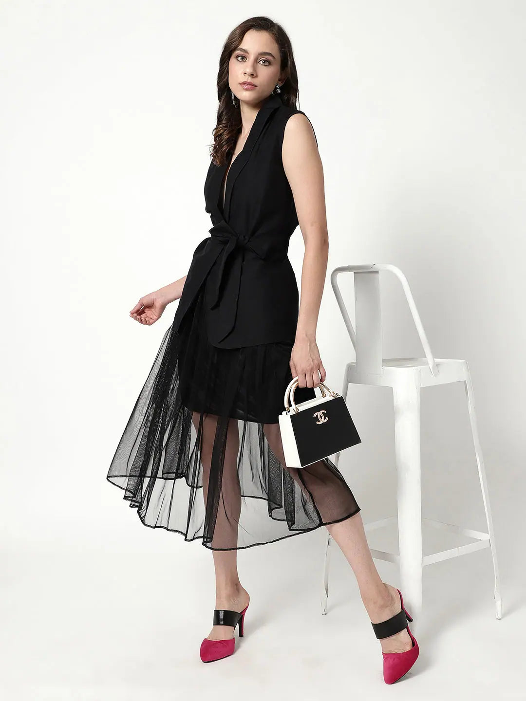 Sophisticated Fashion Solid Waistcoat Top With Sheer Flared Skirt Set