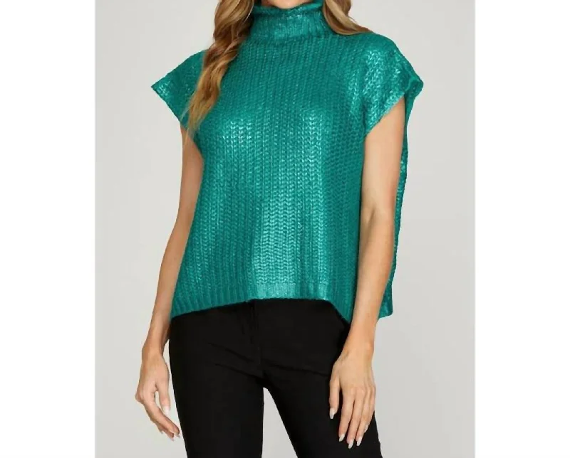 Fashionista Sale Metallic Foiled Sweater Top In Emerald