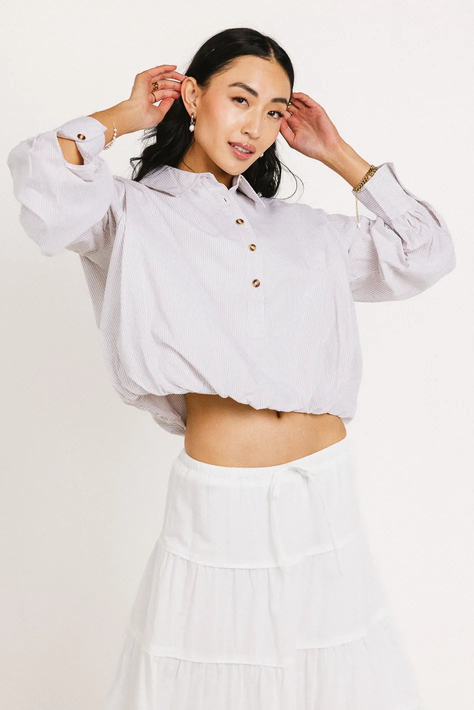 Crazy Price Slashing Rayna Striped Collared Top in Taupe - FINAL SALE