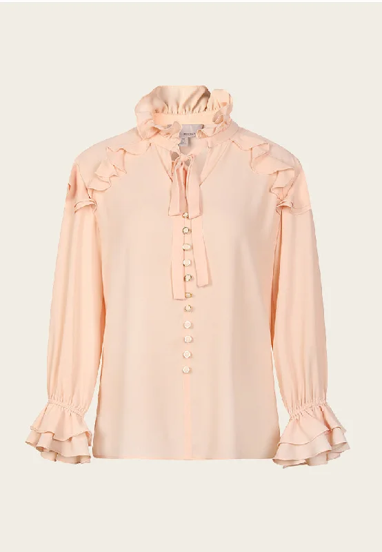 Latest Fashion Ruffled Bow-Fastening Button Up Salmon Chiffon Top