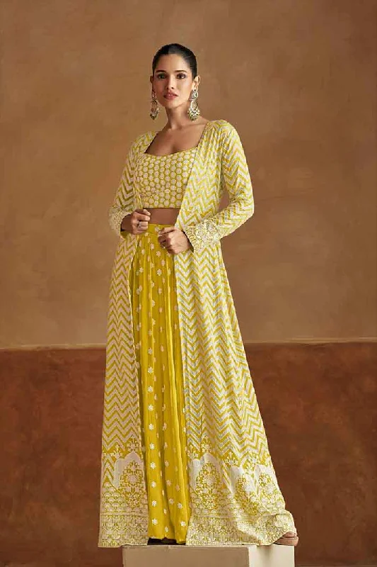 Flash Sale, Don't Miss Yellow Chevron Print Embroidered Georgette Top Palazzo Dupatta Set Flash Sale, Don't Miss Yellow Chevron Print Embroidered Georgette Top Palazzo Dupatta Set