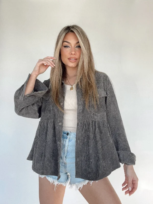 Hot Trends Charcoal Corduroy Peplum Top