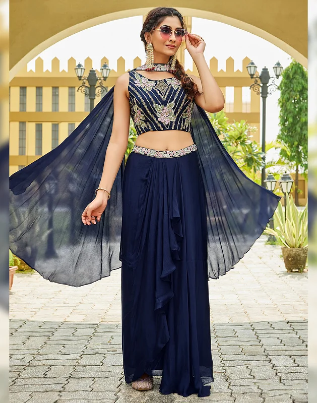 Fresh Styles, Fresh Deals Luxe Ensemble Navy Designer Embroidered Sequin Crop Top with Drape Skirt & Dupatta Fresh Styles, Fresh Deals Luxe Ensemble Navy Designer Embroidered Sequin Crop Top with Drape Skirt & Dupatta