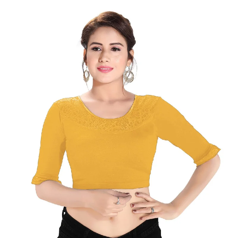 Fashion Frontiers Designer Gold Cotton Non-Padded Stretchable Round Neck Elbow Sleeves With Frills Saree Blouse Crop Top (A-67-Gold) Fashion Frontiers Designer Gold Cotton Non-Padded Stretchable Round Neck Elbow Sleeves With Frills Saree Blouse Crop Top (A-67-Gold)