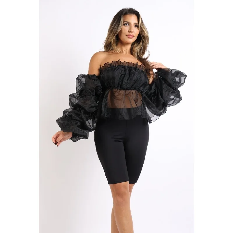 Classic Fashion, Modern Discounts Sexy Organza Sleeve Detailed Top And Matching Shorts 2 Piece Set Black