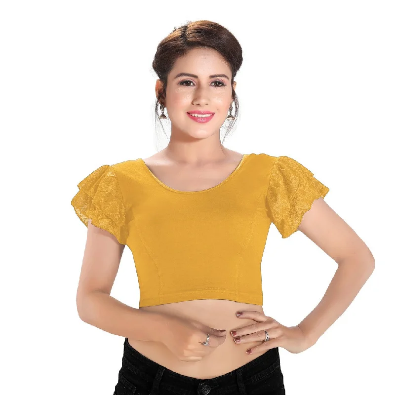 Statement Pieces At Statement Savings Designer Cotton Lycra Gold Non-Padded Stretchable Round Neck With Netted Ruffle Sleeves Saree Blouse Crop Top (A-63-Gold) Statement Pieces At Statement Savings Designer Cotton Lycra Gold Non-Padded Stretchable Round Neck With Netted Ruffle Sleeves Saree Blouse Crop Top (A-63-Gold)