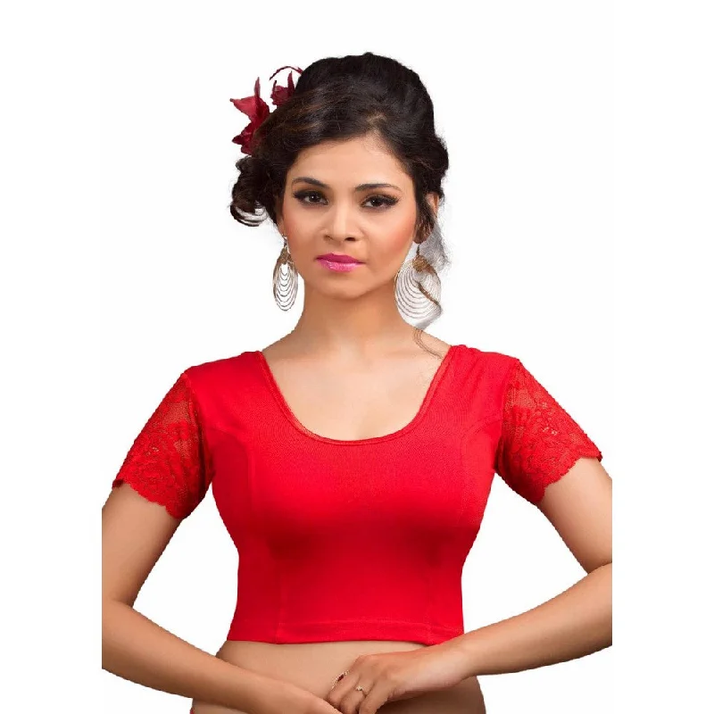 Flash Sales Designer Red Non-Padded Cotton Lycra Stretchable Netted Short Sleeves Saree Blouse Crop Top (A-15-Red) Flash Sales Designer Red Non-Padded Cotton Lycra Stretchable Netted Short Sleeves Saree Blouse Crop Top (A-15-Red)