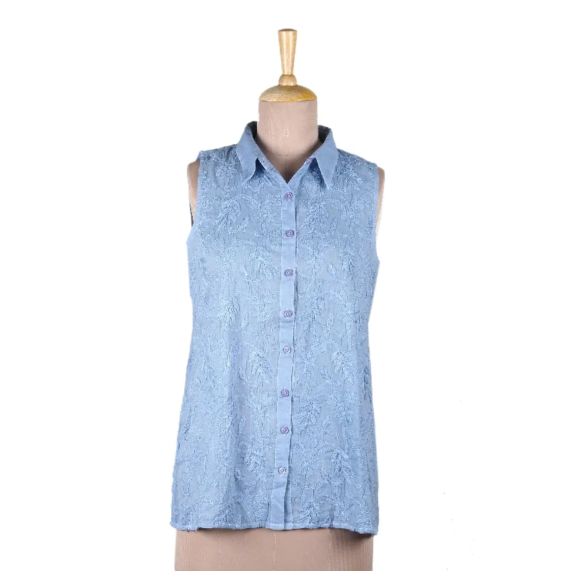 Refined Fashion Sale Novica Handmade Spring Festivity In Blue Sleeveless Cotton Embroidered Top