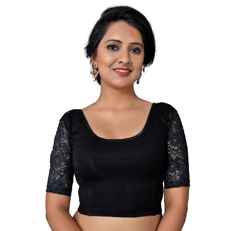 Vintage-Inspired Style Offers Designer Black Lycra Non-Padded Stretchable With Elbow Length Net Sleeves Saree Blouse Crop Top (A-26-Black) Vintage-Inspired Style Offers Designer Black Lycra Non-Padded Stretchable With Elbow Length Net Sleeves Saree Blouse Crop Top (A-26-Black)