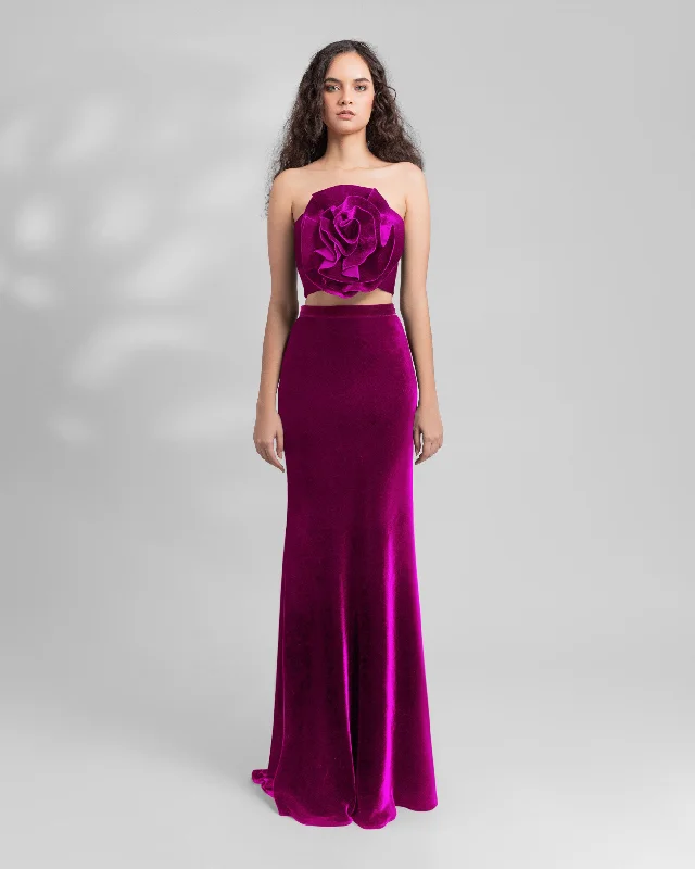 Time-Limited Discounts Just For You Fuchsia Velvet Flower Top and Skirt