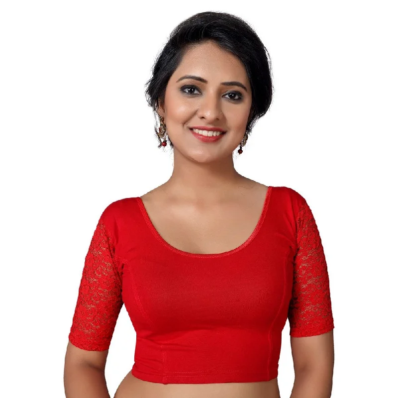 Big Savings On Trendy Styles Designer Red Non-Padded Stretchable With Elbow Length Net Sleeves Saree Blouse Crop Top (A-26-Red)