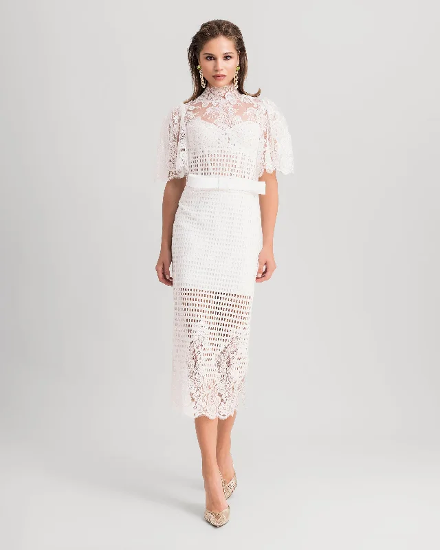Chic Style, Always In Vogue High-Collar Lace Top With Pencil Skirt