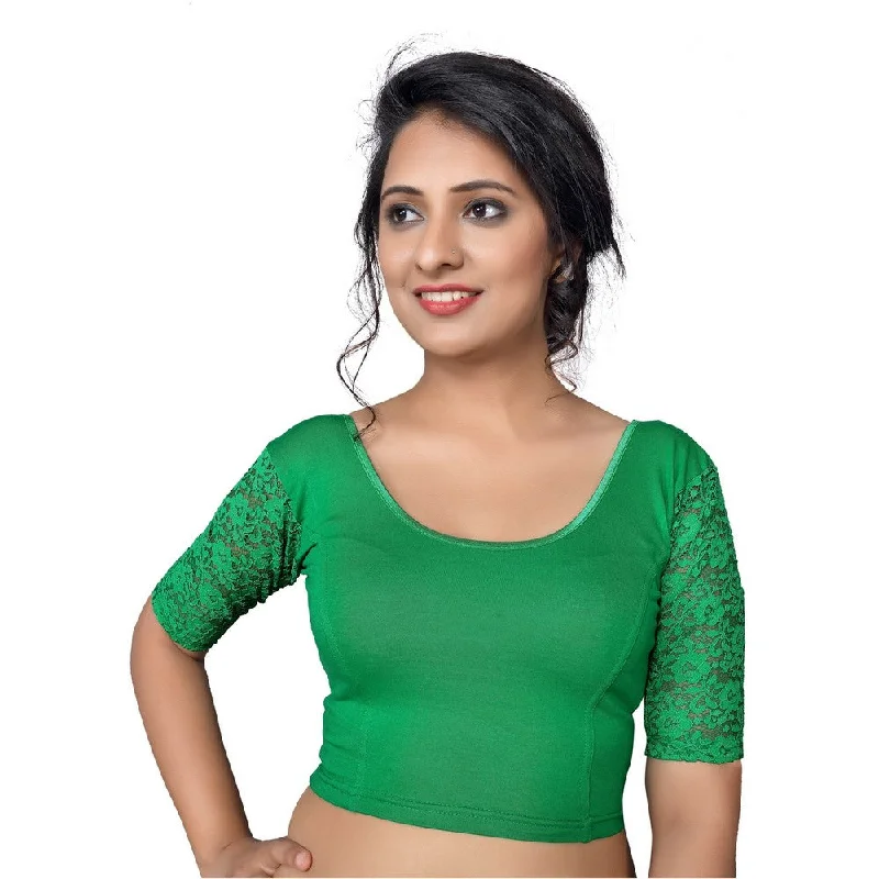 Fashion Sale Designer Green Lycra Non-Padded Stretchable With Elbow Length Net Sleeves Saree Blouse Crop Top (A-26-Green) Fashion Sale Designer Green Lycra Non-Padded Stretchable With Elbow Length Net Sleeves Saree Blouse Crop Top (A-26-Green)