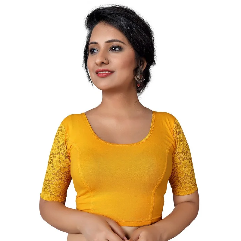 Exclusive Discounts Available Now Designer Yellow Non-Padded Stretchable With Elbow Length Net Sleeves Saree Blouse Crop Top (A-26-Yellow)