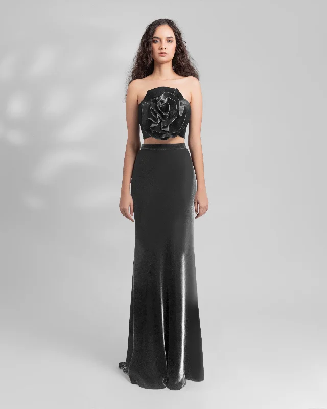 Weekend Savings Start Now Grey Velvet Flower Top and Skirt
