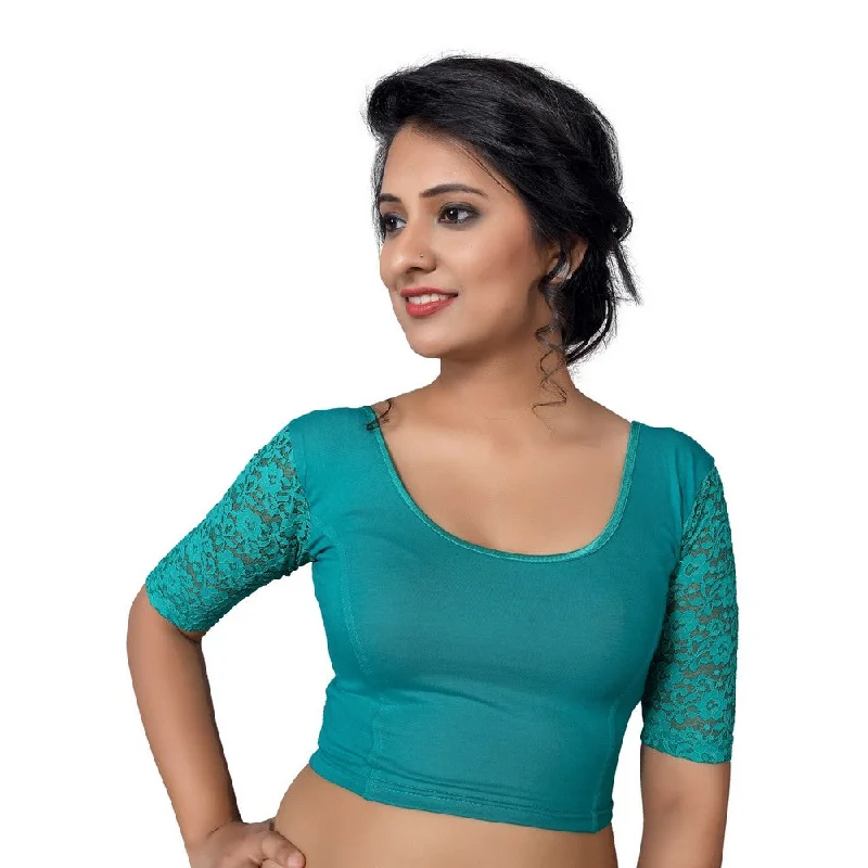 Luxury Fashion Discounts Designer Firozi Lycra Non-Padded Stretchable With Elbow Length Net Sleeves Saree Blouse Crop Top (A-26-Firozi) Luxury Fashion Discounts Designer Firozi Lycra Non-Padded Stretchable With Elbow Length Net Sleeves Saree Blouse Crop Top (A-26-Firozi)