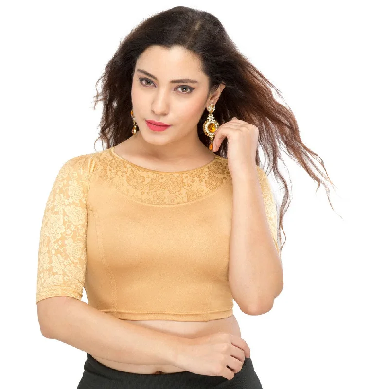 Save More On The Styles You Love Designer Gold Non-Padded Stretchable Boat Neckline With Elbow Length Net Sleeves Saree Blouse Crop Top (A-31-Gold) Save More On The Styles You Love Designer Gold Non-Padded Stretchable Boat Neckline With Elbow Length Net Sleeves Saree Blouse Crop Top (A-31-Gold)