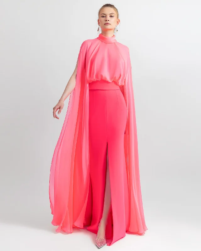 Evening Elegance High-Neckline Neon Pink Top and Mermaid Cut Skirt