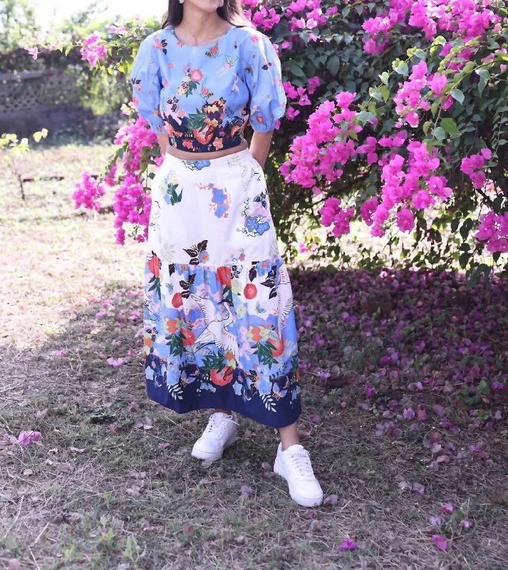 Women's Work Outfit For The Office Elegant Attire For The Modern Lady Ada Skirt Cranes Print In White/blue Women's Work Outfit For The Office Elegant Attire For The Modern Lady Ada Skirt Cranes Print In White/blue