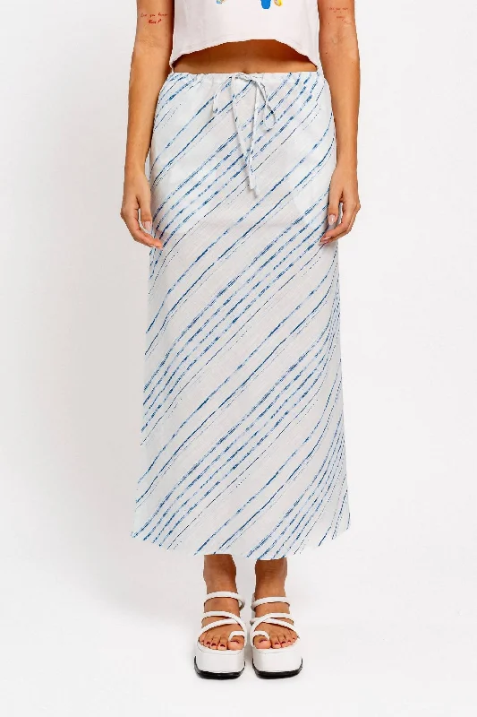 Clearance Sale End Of Season Sale Bias Cut Linen Maxi Skirt In White/blue