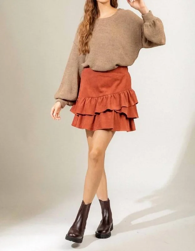 Women's Attire Stylish Basics Corduroy Ruffle Skirt In Rust